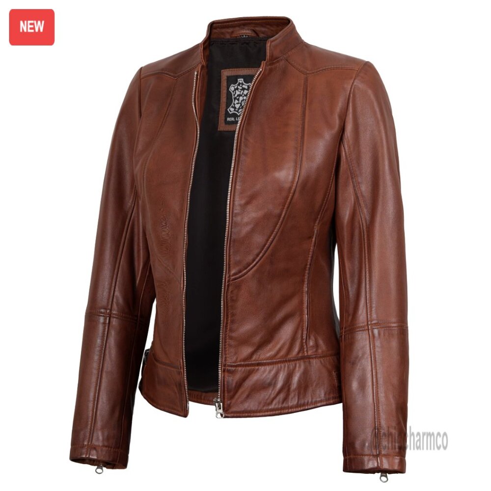 Lambskin Leather Jacket Women's Cafe Racer Tailored Fit Classic Stylish